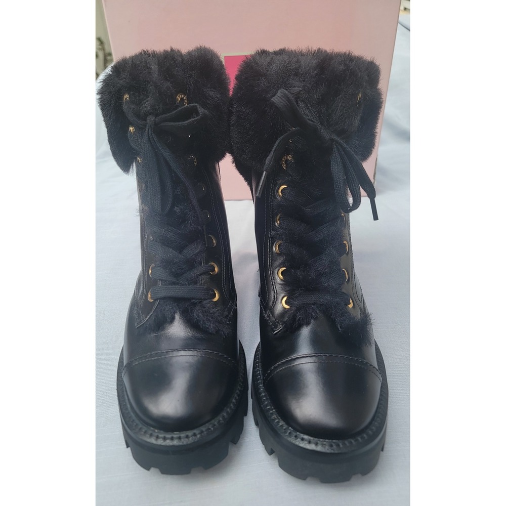 Kate Spade Merritt Winter Black Leather Faux Fur Combat Boots KA319 10B NWB